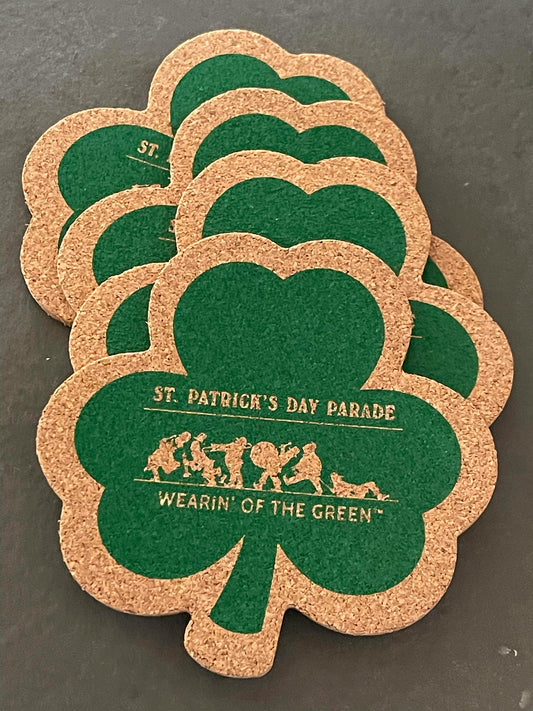 Shamrock shaped coasters with Wearin' of the Green design imprinted in green ink on a cork coaster.