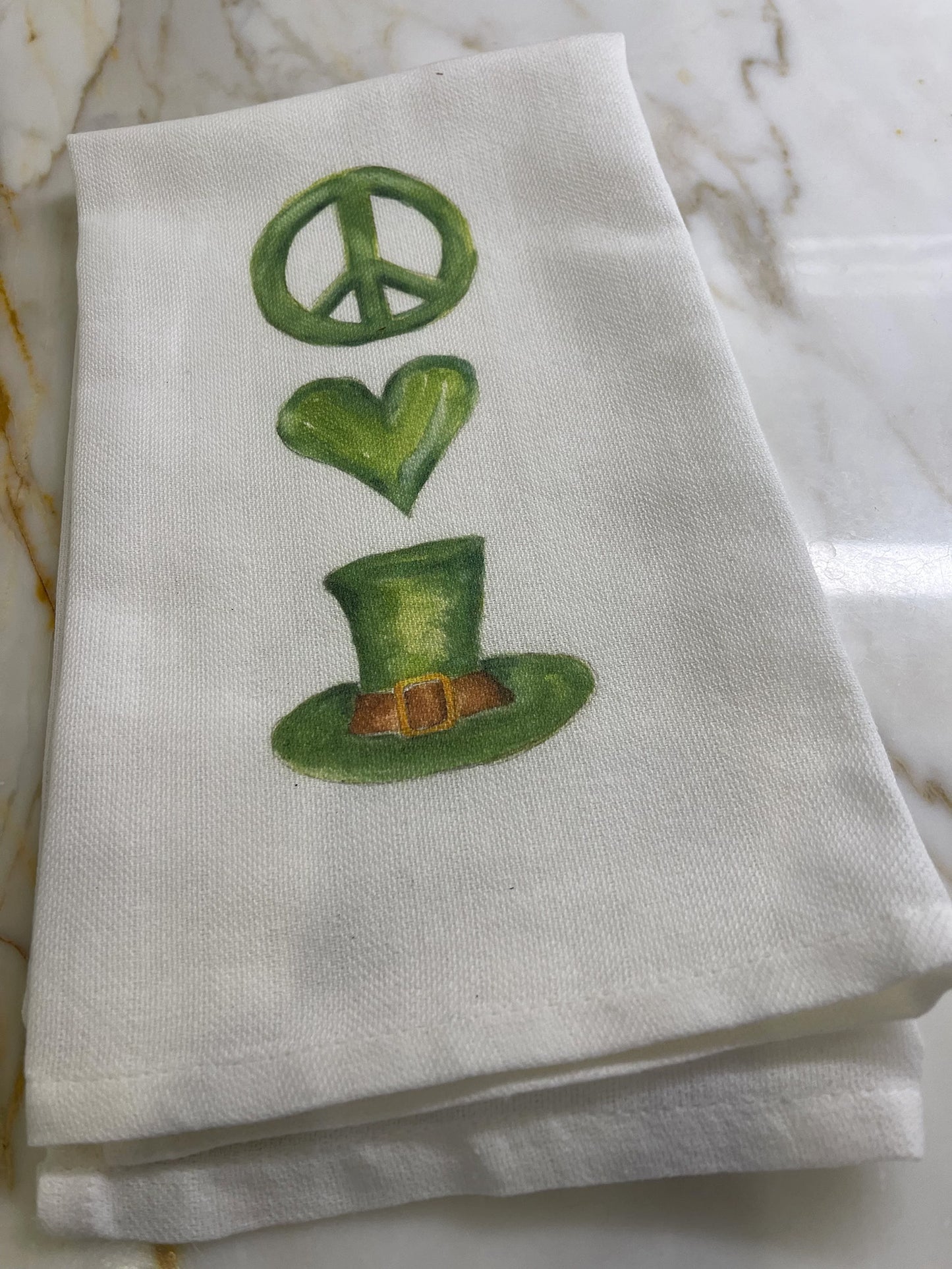 Peace, Love, St Patricks Day graphics handpainted on kitchen towel