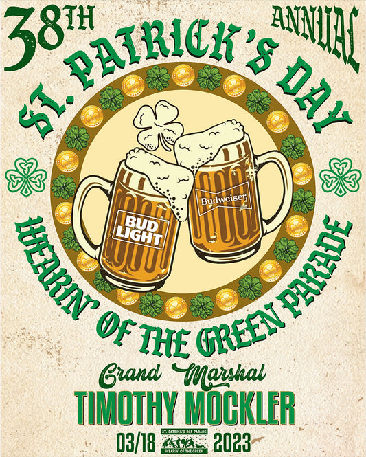 St Patrick's Day parade poster featuring Bud Light and Budweiser mugs toasting each other for the 2023 Wearin' of the Green in Baton Rouge, LA.