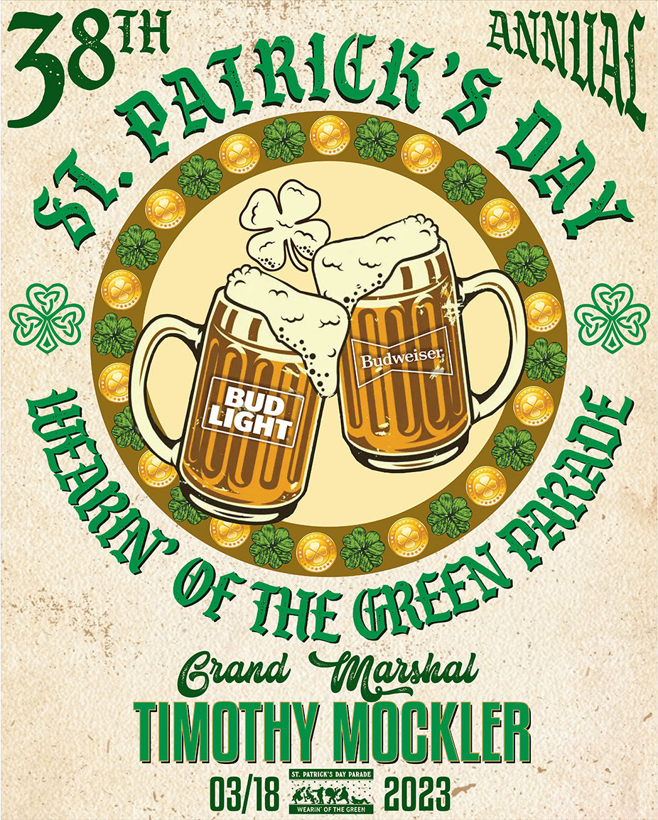 St. Patrick's Day Parade poster featuring Bud Light and Budweiser steins, shamrocks and gold coins for the 2023 Wearin' of the Green.