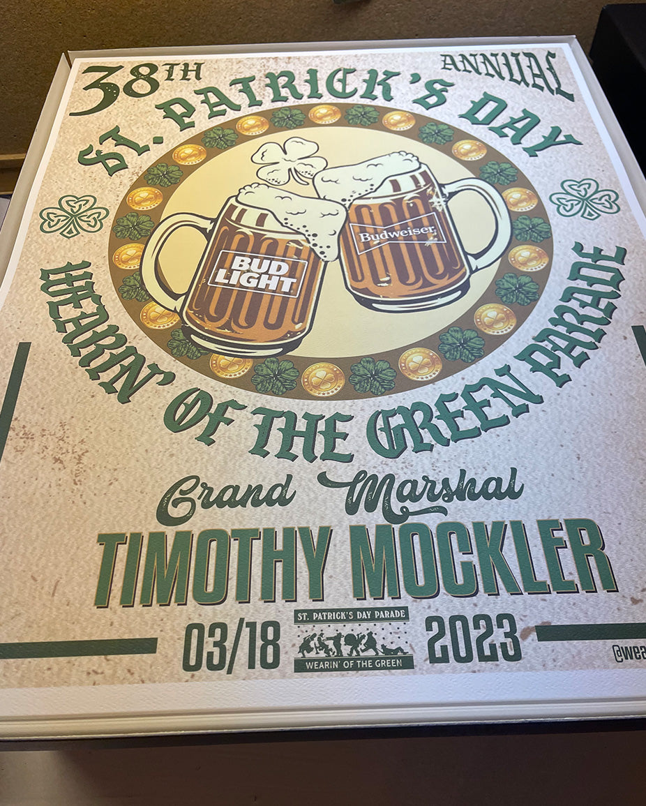 St. Patrick's Day Wearin of the Green parade poster for 2023 featuring Tim Mockler and Bud Light and Budweiser beer.