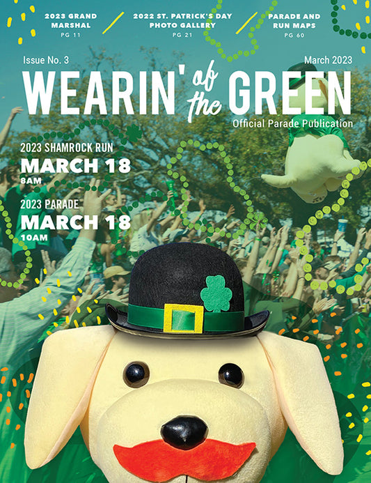 Cover design for the 2023 Wearin  of the Green Parade Magazine featuring the Raising Canes dog, Cane.
