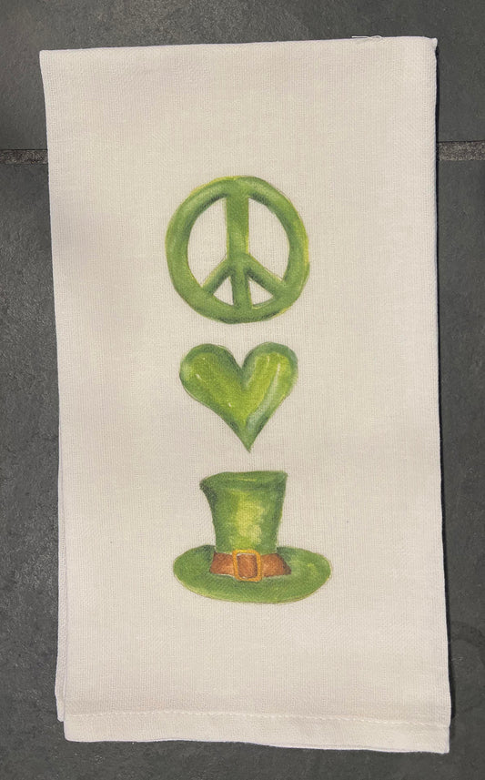 Handpainted Peace sign, heart and Irish top hat on a kitchen towel