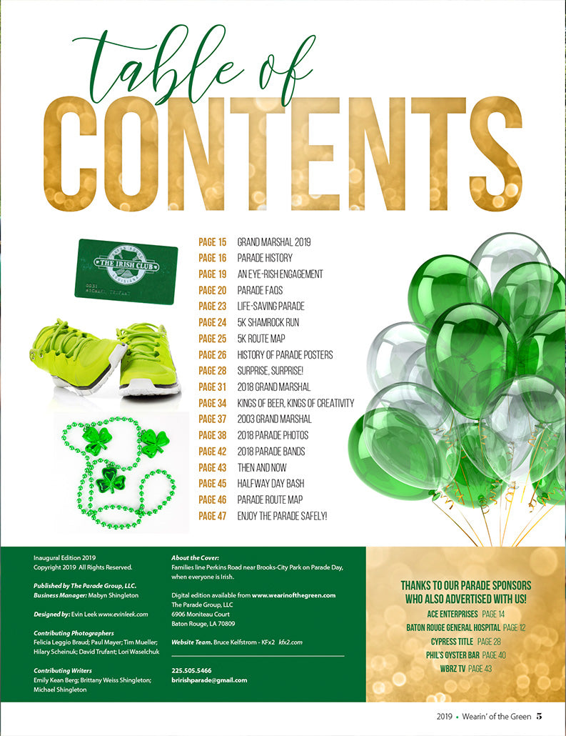 Table of Contents for the 2019 Wearin of the Green magazine in Baton Rouge, LA.