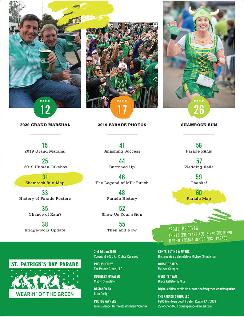 2020 Table of Contents for the Wearin of the Green parade magazine.