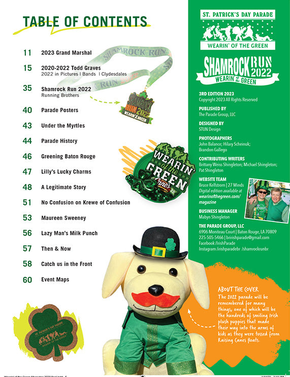 The table of contents for the 2023 Wearin of the Green parade magazine.