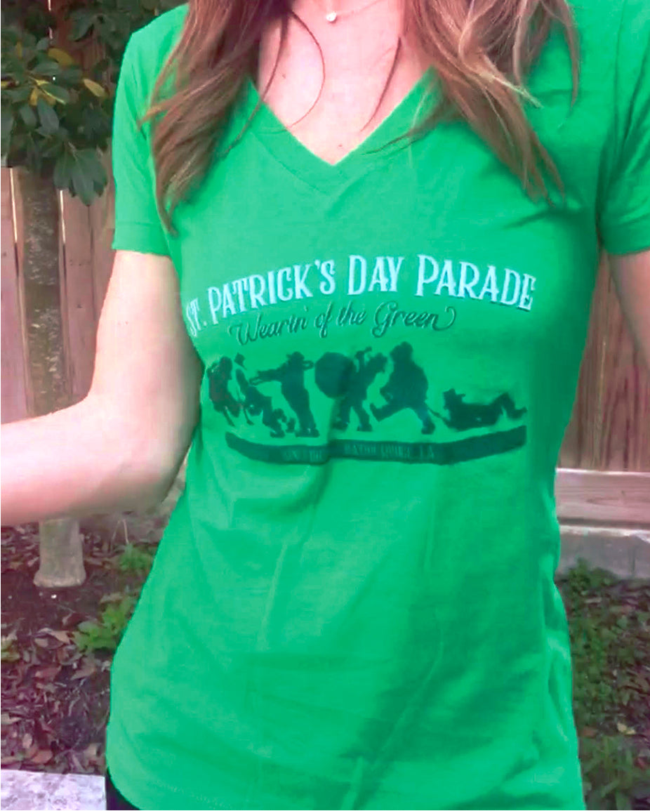 Photo of girl weaing vneck St. Patrick's Day Wearin' of the Green tshirt.